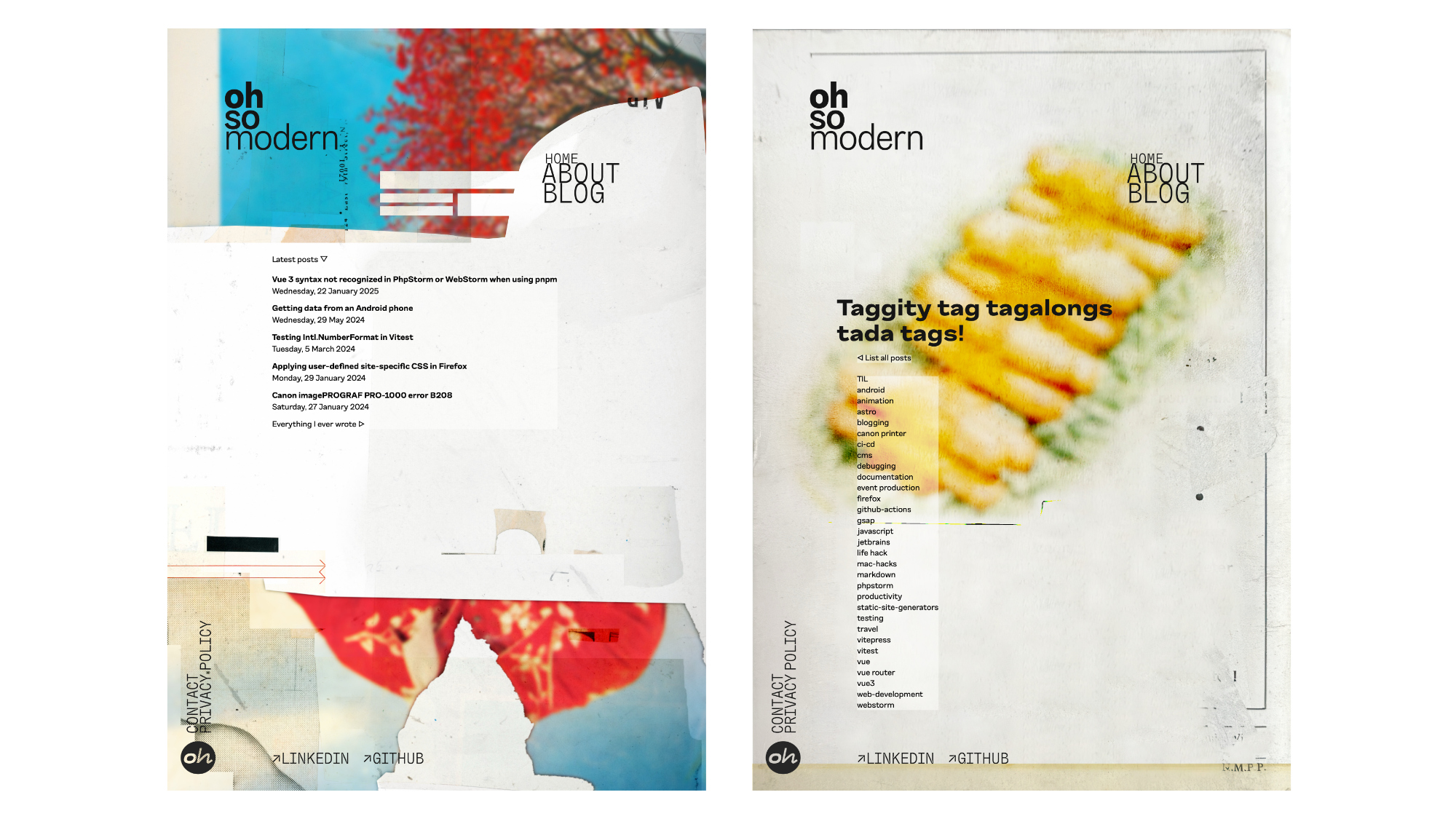 The website: with each page view, another background is used.